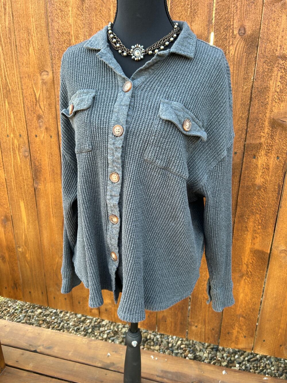 dip Womens M Gray Waffle Knit Shacket Oversized Button Down Shirt Jacket EUC